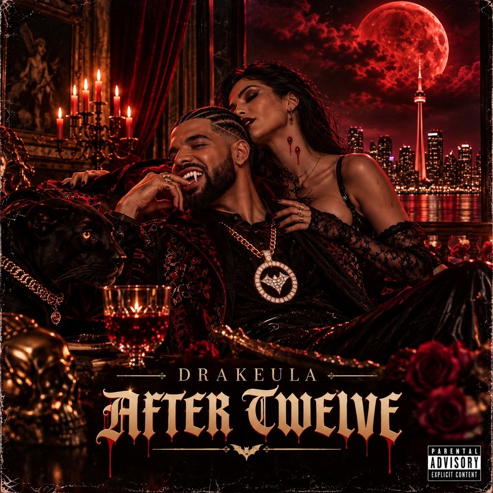 After Twelve album cover: a figure in a leather coat on a balcony above the Toronto waterfront under a blood moon